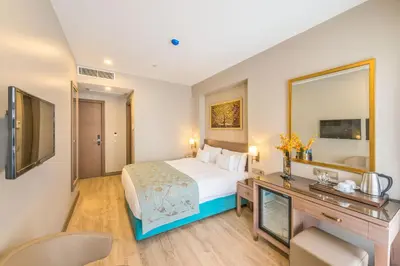 a bedroom with a bed and a desk and a mirror at Taximist Hotel in Istanbul