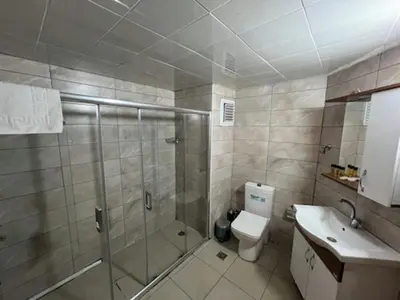 a bathroom with a shower and a toilet and a sink at Gran Brn Hotel Taksim in Istanbul