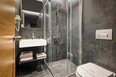 a bathroom with a shower and a sink and a toilet at Marius Hotel in Istanbul
