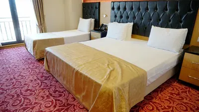 a hotel room with two beds and a red carpet at Vois Hotel Atasehir & SPA in Istanbul