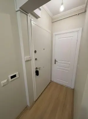 a hallway with a white door and a wooden floor at Apt w/ Balcony in center,5 mn walk to Istiklal in Istanbul
