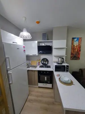 a kitchen with a white refrigerator and a counter at Classic Suite TS32 in Esenyurt