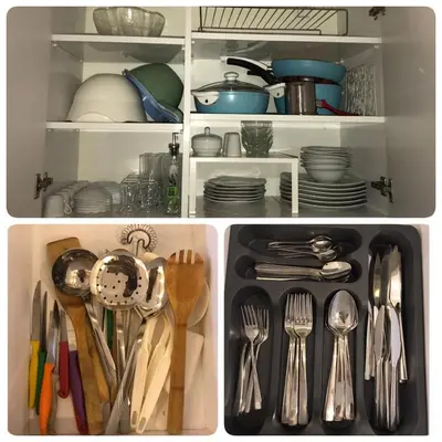 a refrigerator filled with dishes and utensils at İstanbul'un merkezinde Cevahir AVM karşısı 1+1 yeni ev in Istanbul