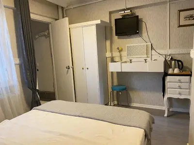 a bedroom with a bed and a tv on a wall at antik sofia hotel in Istanbul