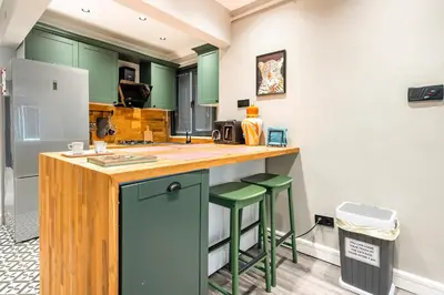 a kitchen with green cabinets and a counter with stools at sevim suites Nişantaşı in Istanbul