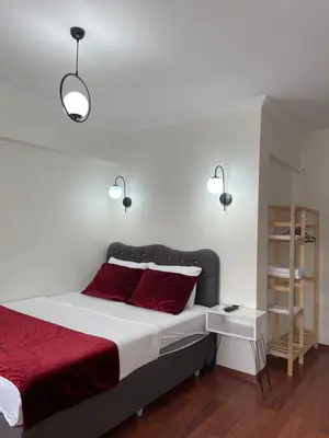 a bedroom with a large bed with red pillows at PANORAMA CITY SUITE in Istanbul