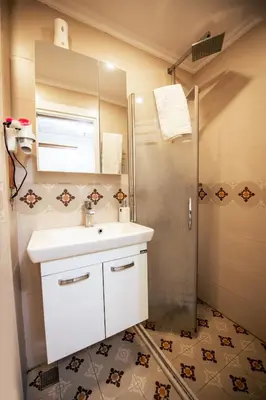 a bathroom with a sink and a shower at Linfer Hotel Taksim in Istanbul