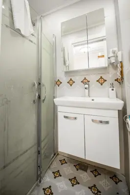 a bathroom with a white sink and a shower at Linfer Hotel Taksim in Istanbul
