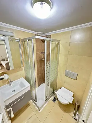 a bathroom with a shower and a toilet and a sink at Elegance Aparts Cihangir in Istanbul