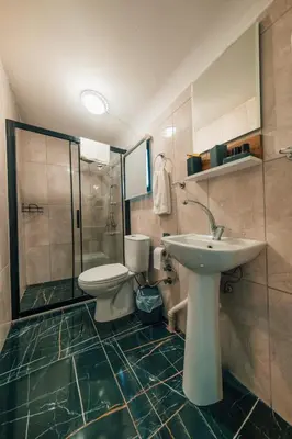 a bathroom with a sink and a toilet and a shower at Kurtköy Park Bungalov Evleri in Sakarya
