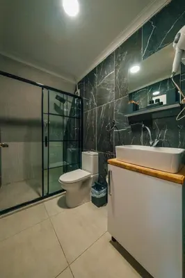 a bathroom with a toilet and a sink and a shower at Kurtköy Park Bungalov Evleri in Sakarya