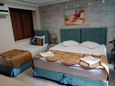 a bedroom with two beds and a painting on the wall at Sultanahmet Black Pearl Apart Hotel in Istanbul
