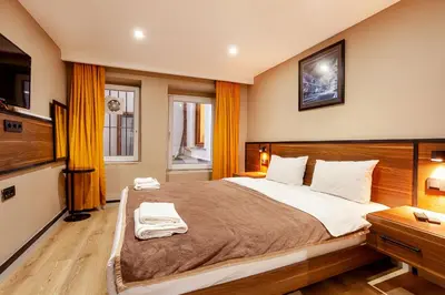 a bedroom with a large bed and a television at Aram Kerasi Rooms in Istanbul
