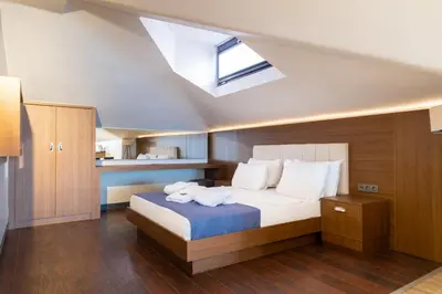 a bedroom with a large bed with a skylight at 216 Bosphorus in Istanbul