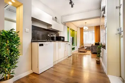 an open kitchen with white appliances and a living room at Port Galata Suites in Istanbul