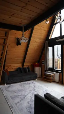 a living room with a couch in a attic at Pentalow Cabin in Kocaeli