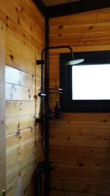 a shower in a room with a wooden wall at Pentalow Cabin in Kocaeli