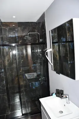 a bathroom with a shower and a sink at Hmz LUXURY HOTEL in Çekmeköy