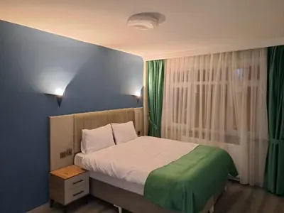 a bedroom with a bed and a window with green curtains at Taksim Nida Flats in Istanbul