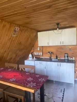 a kitchen with a table and a sink in a room at Yalova Kasaba Bungalov in Çınarcık