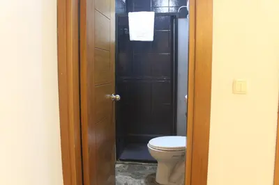 a bathroom with a toilet and a wooden door at GROSS HOTEL in Istanbul