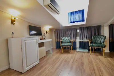 a room with two chairs and a table and a tv at Olympos Garden Hotel in Istanbul