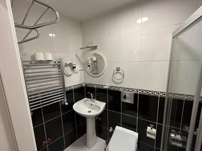 a bathroom with a sink and a toilet and a mirror at Asparagus HOTEL & SUITES OLD CITY in Istanbul