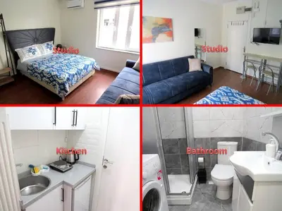 a room with a couch and a bed and a bathroom at Istanberry - Royal Apartments in Istanbul