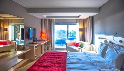 a bedroom with a bed and a desk and a tv at Denizatı Plus Hotel in Istanbul