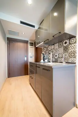a kitchen with stainless steel appliances and a wooden door at Garden Room Suit Hotel in Istanbul