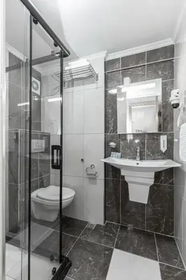 a bathroom with a toilet and a sink and a shower at BURSA LOYAL CiTY HOTEL in Bursa