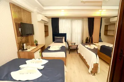 a hotel room with two beds and a television at IMMORTELLE HOTEL lord sophiha in Istanbul