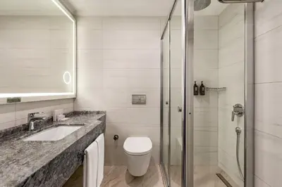 a bathroom with a shower and a toilet and a sink at Ramada by Wyndham Istanbul Umraniye in Istanbul