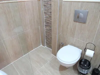 a bathroom with a white toilet and a shower at Istanberry - Luna Apartments in Istanbul