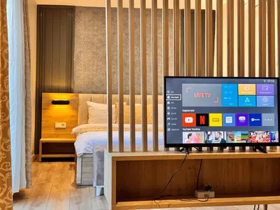 a living room with a tv and a bed at İNNPORT HOTEL in Gebze